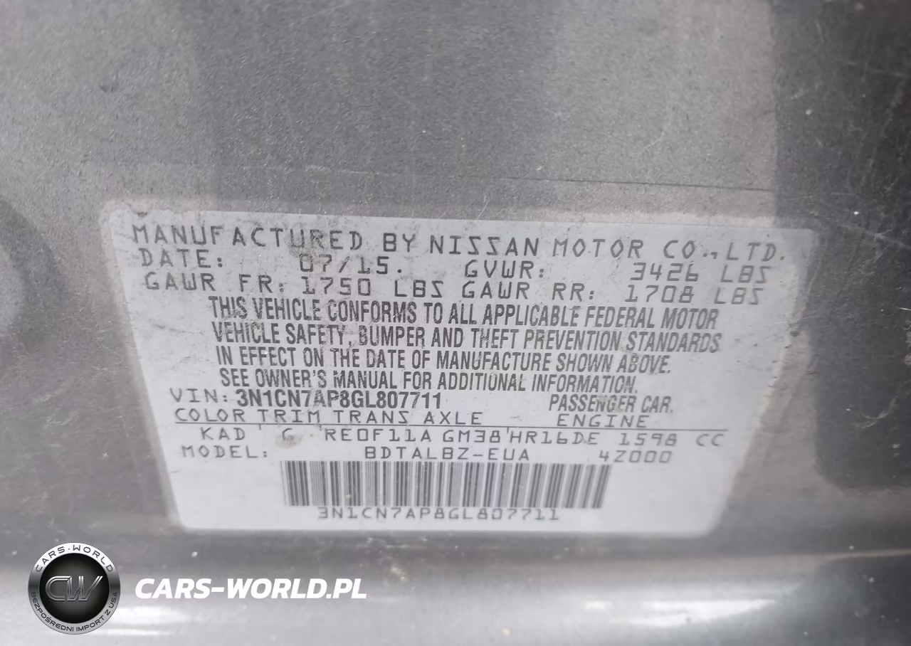 2016 Nissan Versa 1.6 S-1.6 S+-1.6 Sl-1.6 Sv VIN:3N1CN7AP8GL807711 - 9