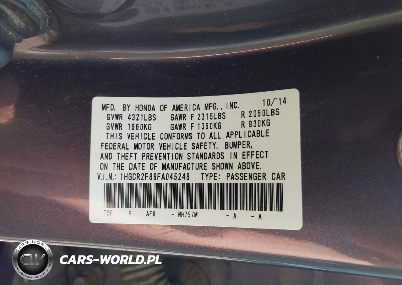 2015 Honda Accord Ex-L VIN:1HGCR2F86FA045248 - 9