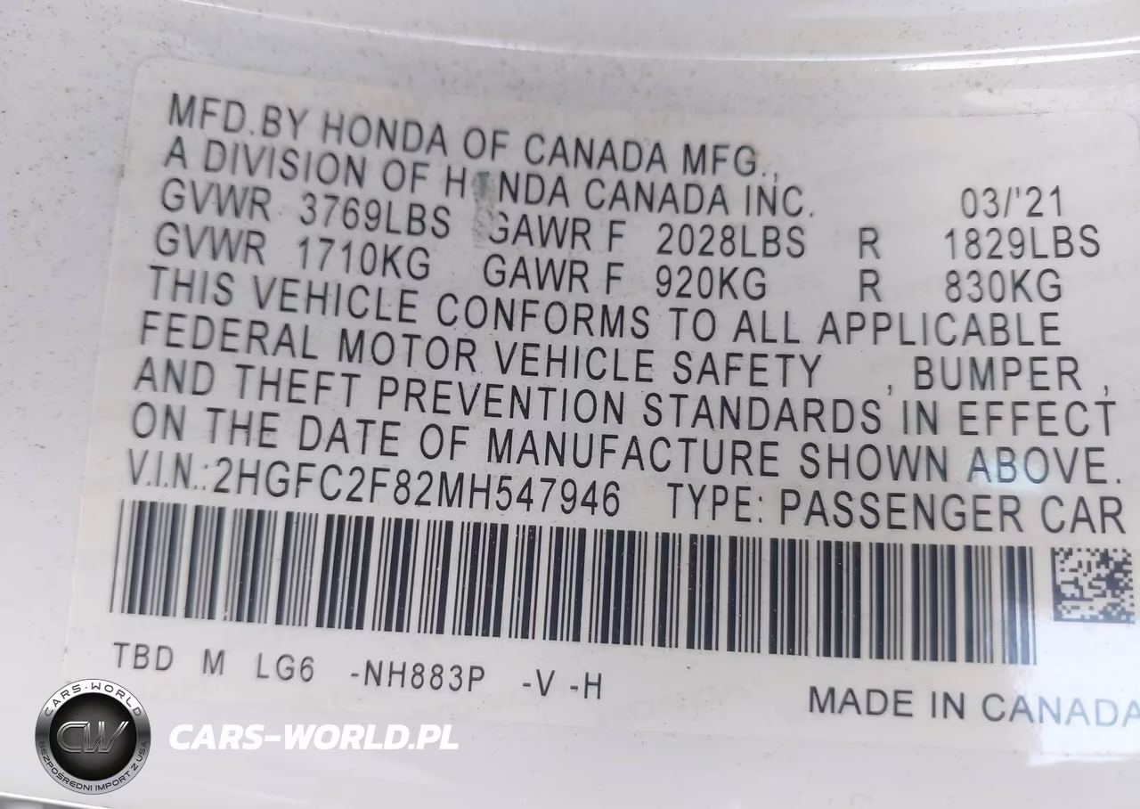 2021 Honda Civic Sport VIN:2HGFC2F82MH547946 - 9