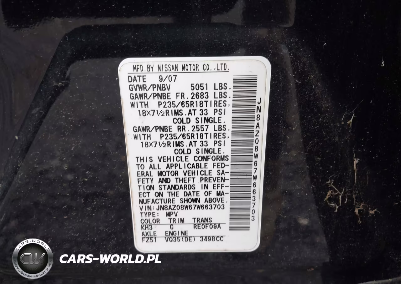 2007 Nissan Murano Sl VIN:JN8AZ08W67W663703 - 9