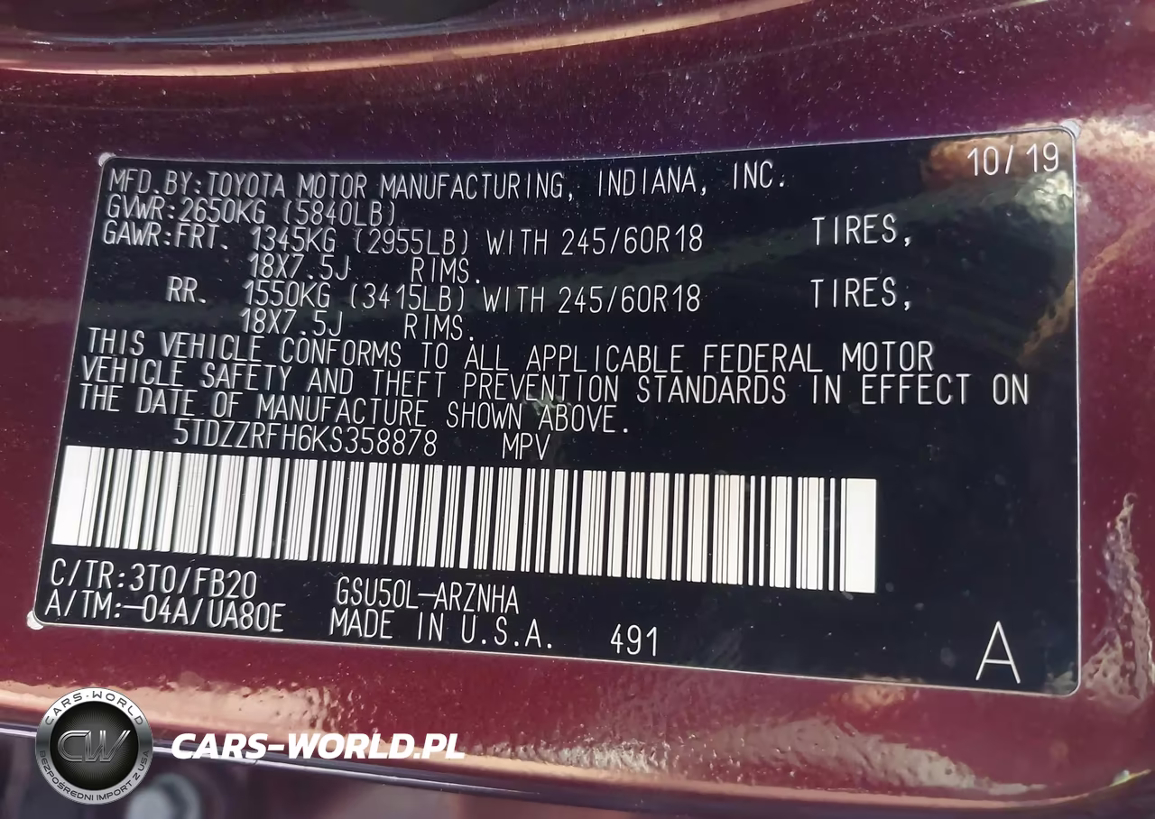 2019 Toyota Highlander Le VIN:5TDZZRFH6KS358878 - 9