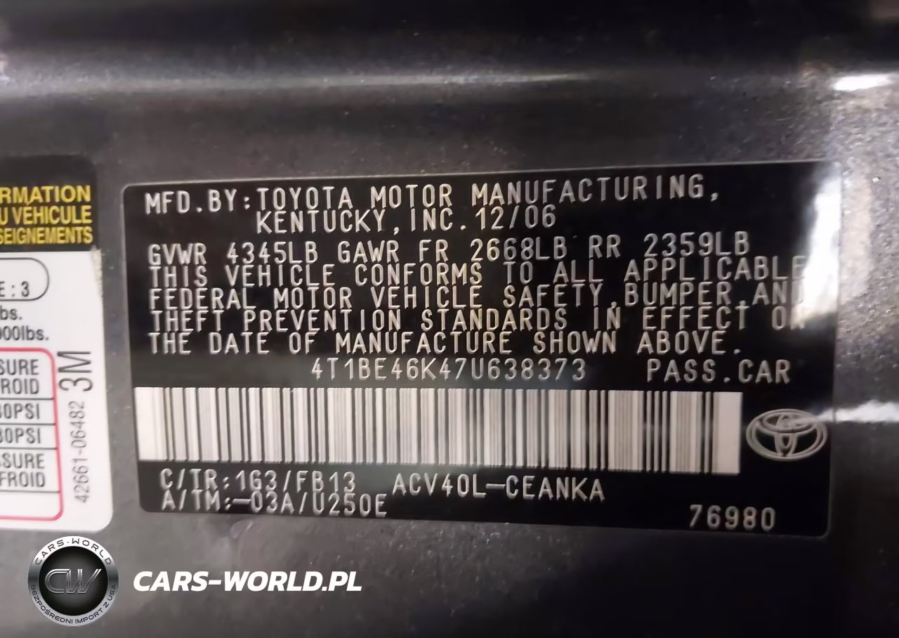 2007 Toyota Camry Le VIN:4T1BE46K47U638373 - 9