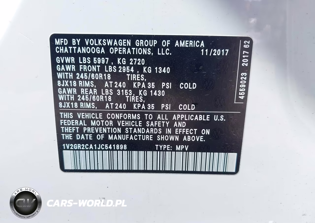 2018 Volkswagen Atlas 3.6L V6 S VIN:1V2GR2CA1JC541898 - 9