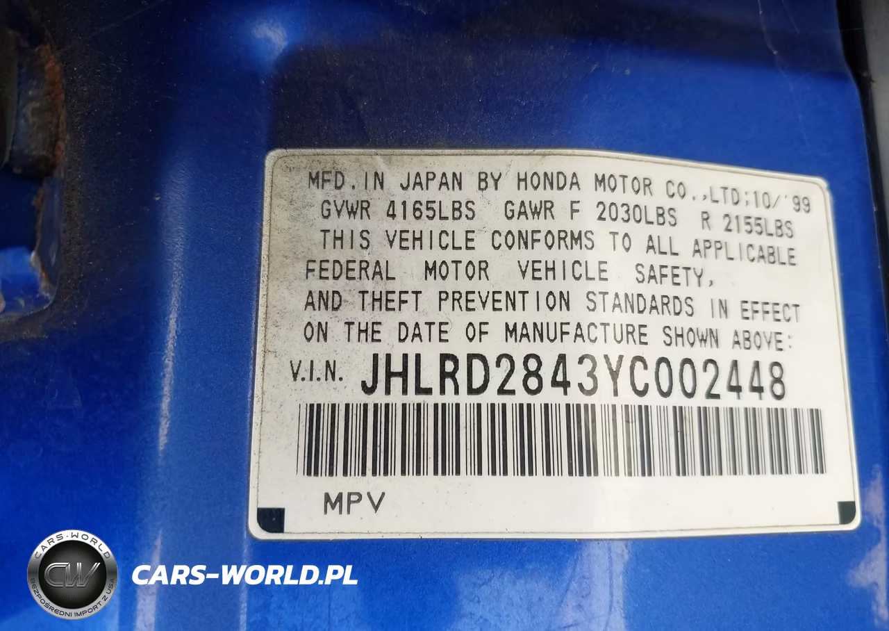 2000 Honda Cr-V Lx VIN:JHLRD2843YC002448 - 9