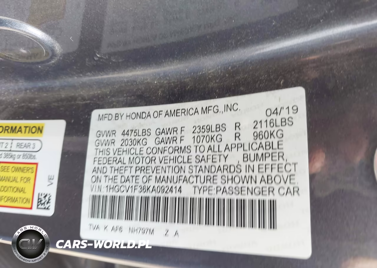 2019 Honda Accord Sport VIN:1HGCV1F36KA092414 - 9