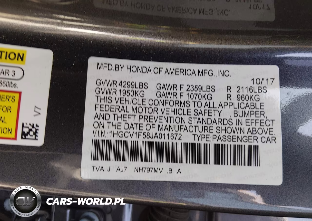 2018 Honda Accord Ex-L VIN:1HGCV1F58JA011672 - 9