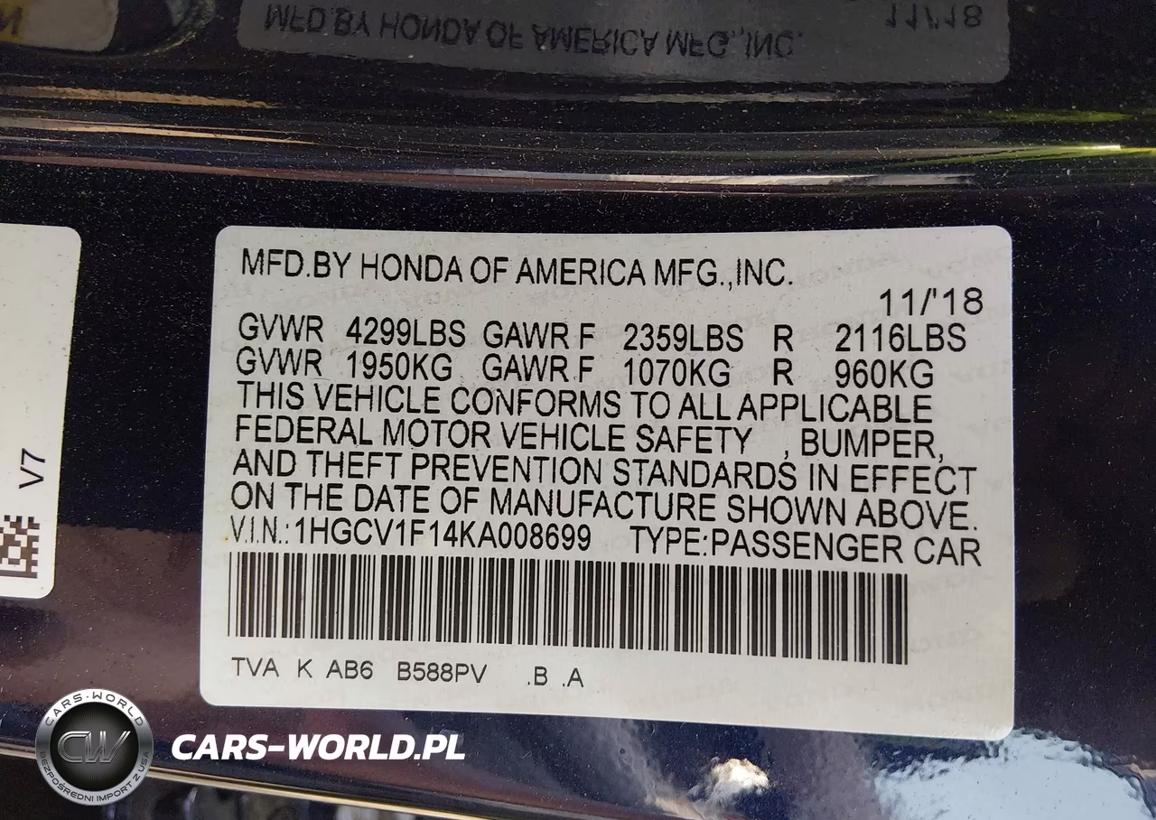 2019 Honda Accord Lx VIN:1HGCV1F14KA008699 - 9