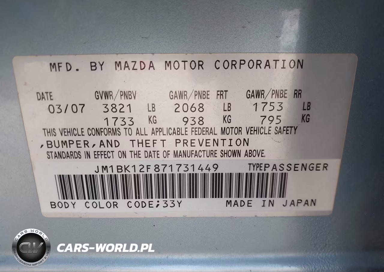 2007 Mazda Mazda3 I VIN:JM1BK12F871731449 - 9