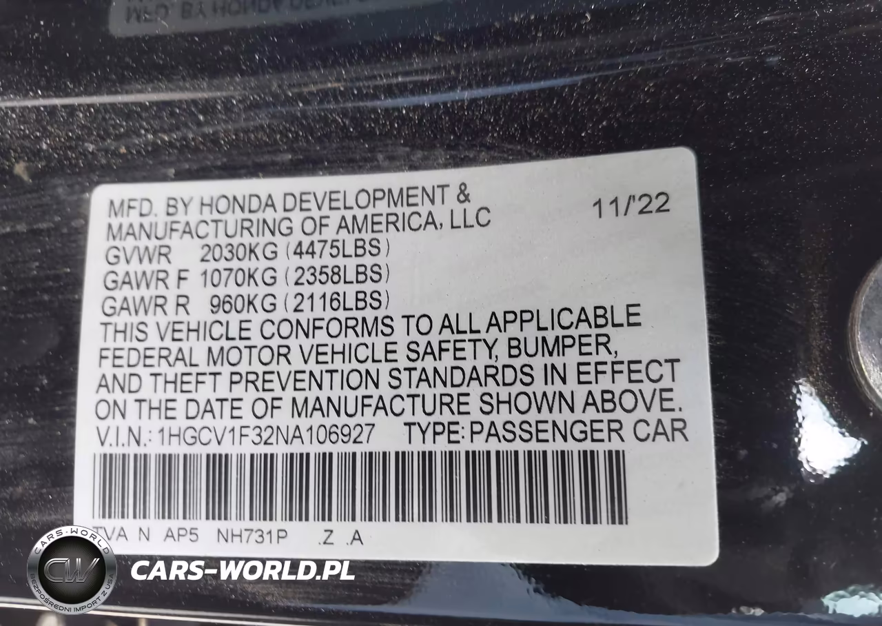 2022 Honda Accord Sport VIN:1HGCV1F32NA106927 - 9