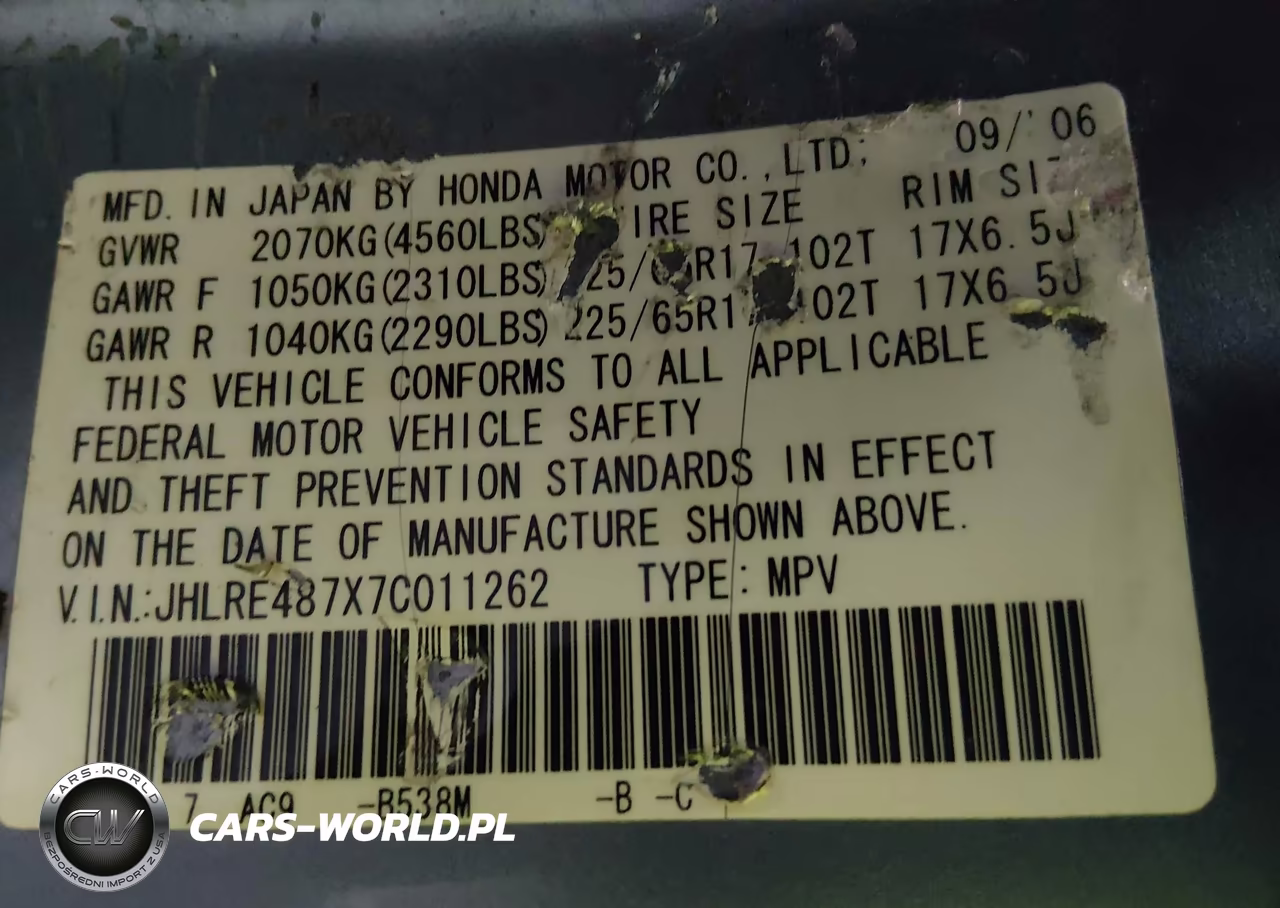 2007 Honda Cr-V Ex-L VIN:JHLRE487X7C011262 - 9