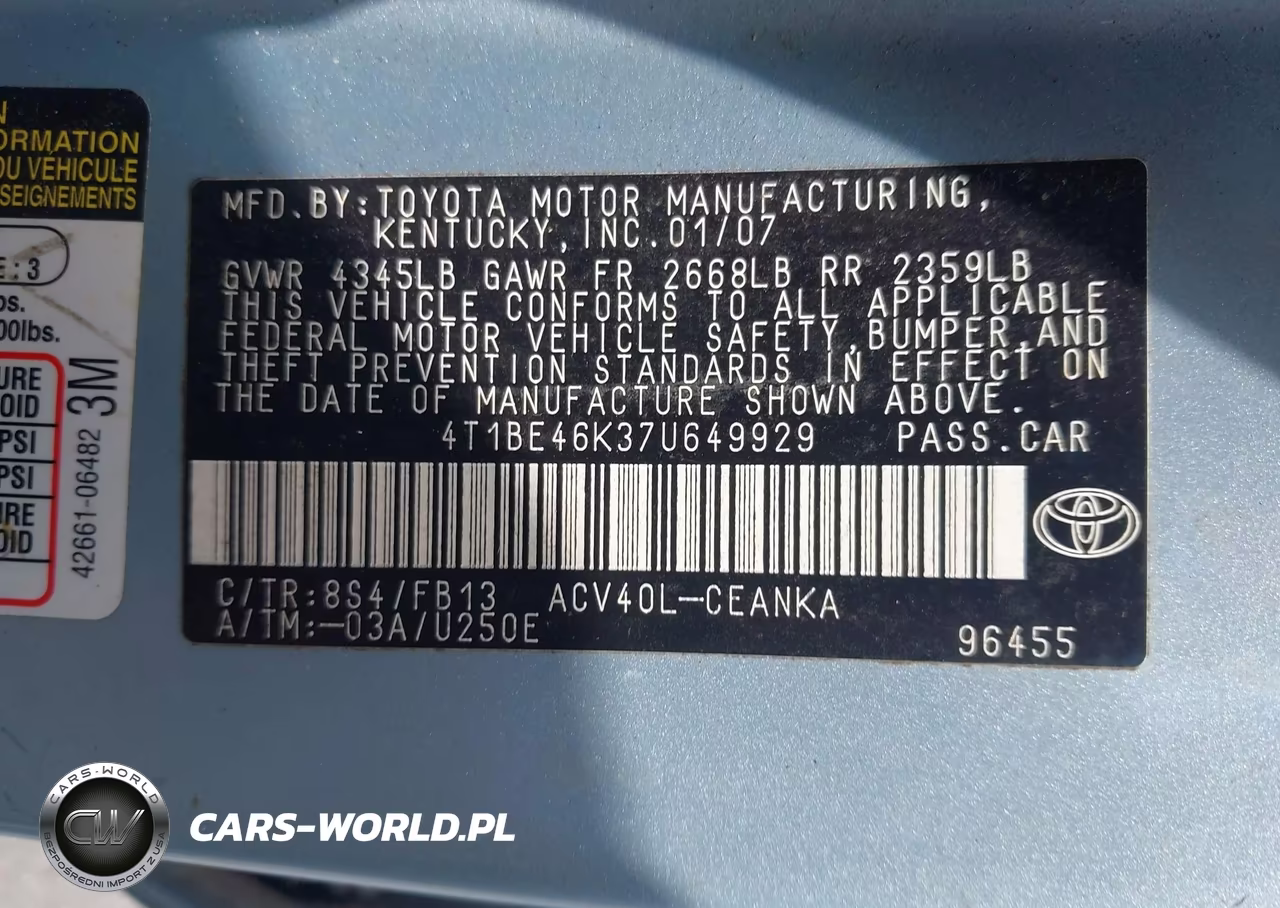 2007 Toyota Camry Le VIN:4T1BE46K37U649929 - 9