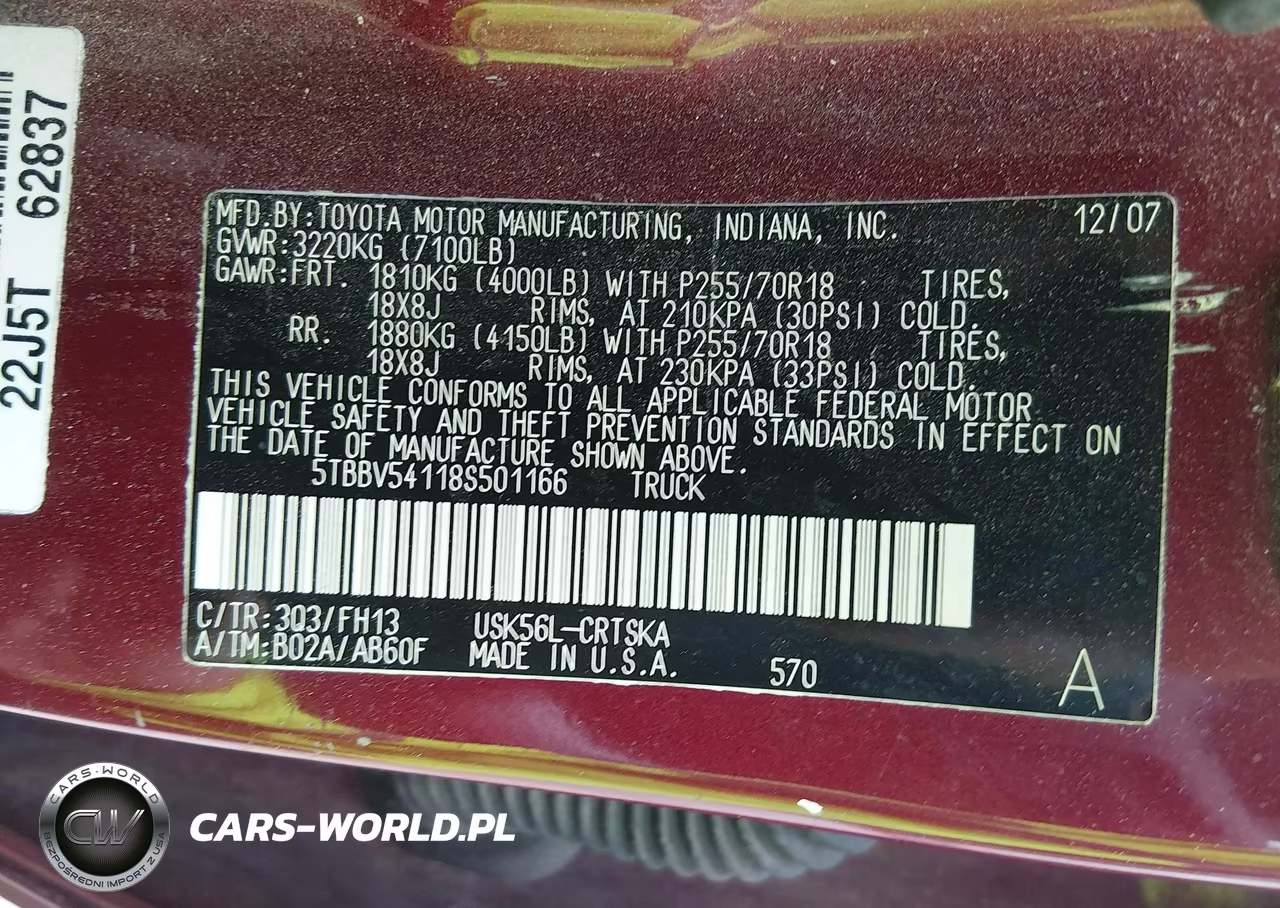 2008 Toyota Tundra Sr5 5.7L V8 VIN:5TBBV54118S501166 - 9