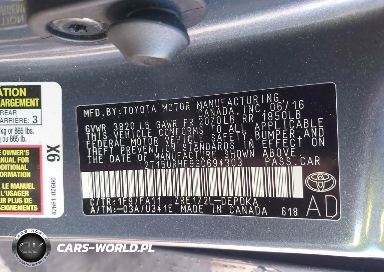 2016 Toyota Corolla L VIN:2T1BURHE9GC694303 - 9