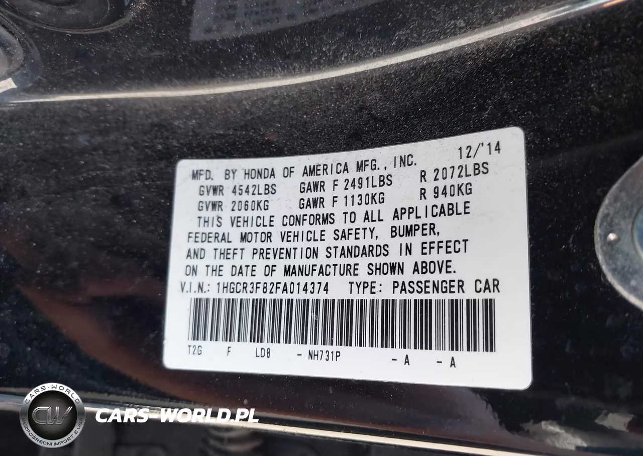2015 Honda Accord Ex-L V-6 VIN:1HGCR3F82FA014374 - 9