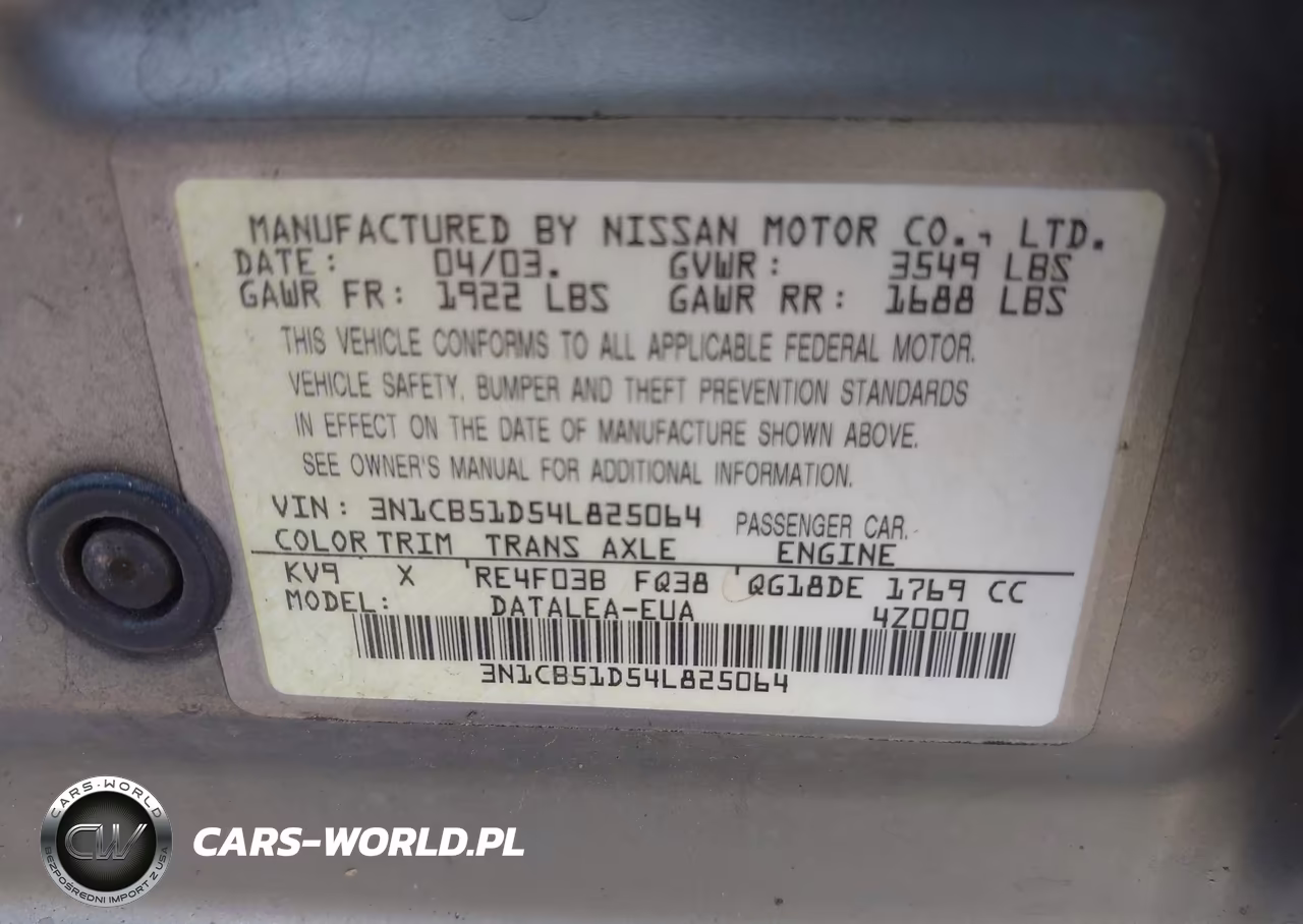2004 Nissan Sentra 1.8S VIN:3N1CB51D54L825064 - 9