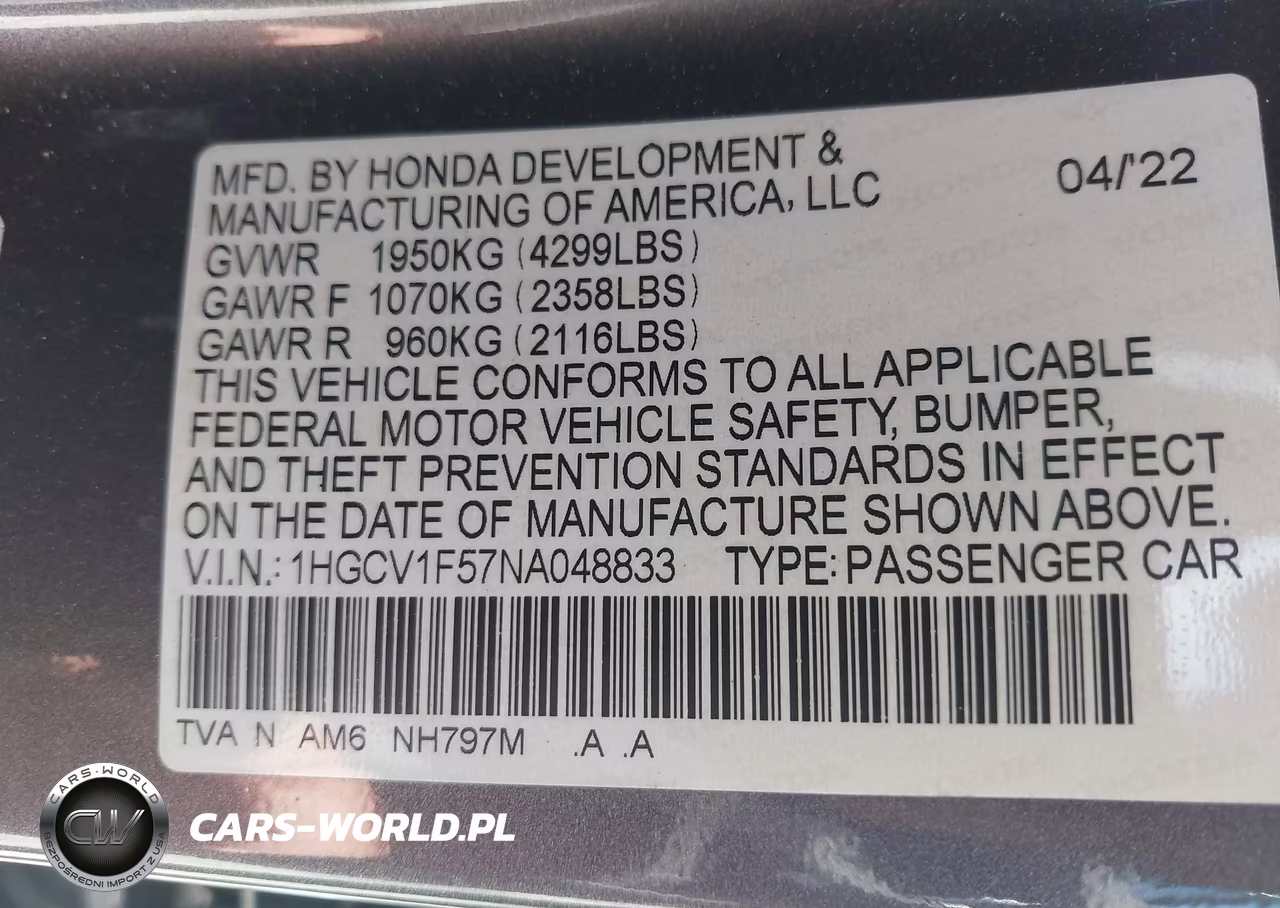 2022 Honda Accord Ex-L VIN:1HGCV1F57NA048833 - 9