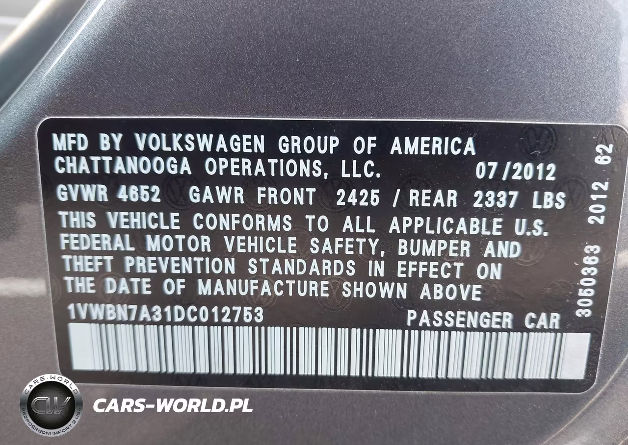 2013 Volkswagen Passat 2.0L Tdi Se VIN:1VWBN7A31DC012753 - 9