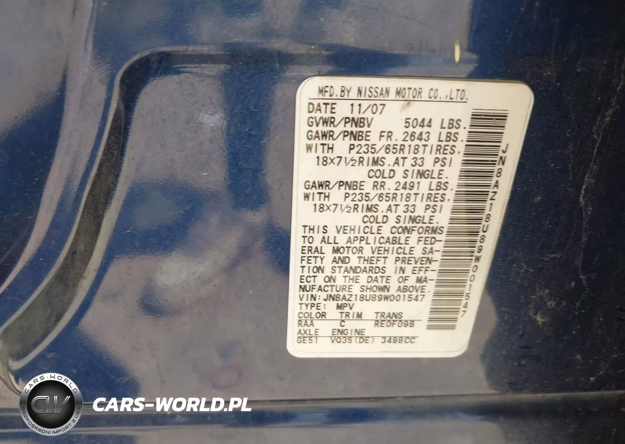 2009 Nissan Murano S VIN:JN8AZ18U89W001547 - 9