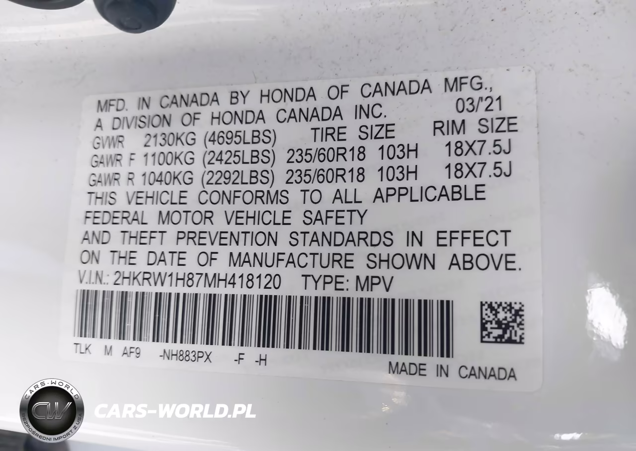 2021 Honda Cr-V 2Wd Ex-L VIN:2HKRW1H87MH418120 - 9