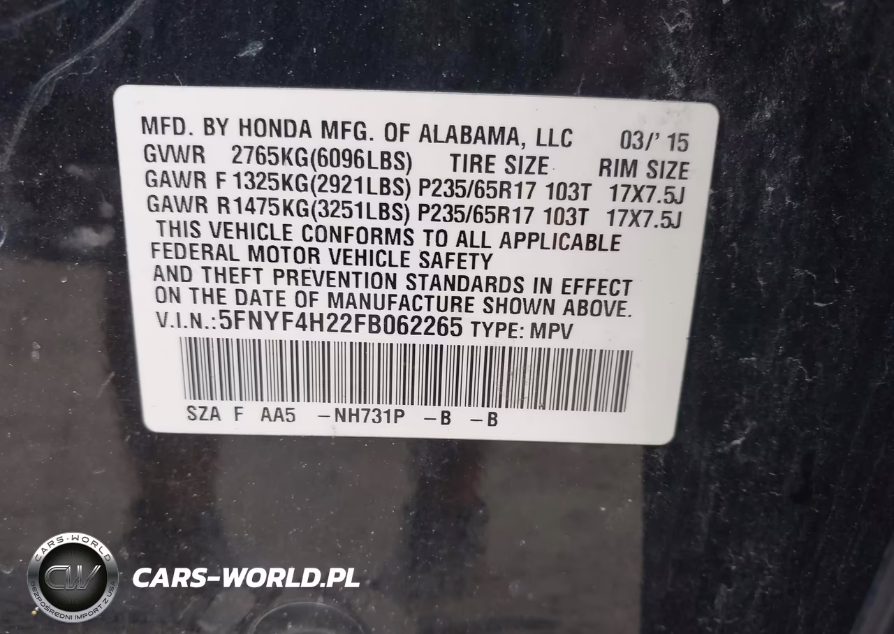 2015 Honda Pilot Lx VIN:5FNYF4H22FB062265 - 9