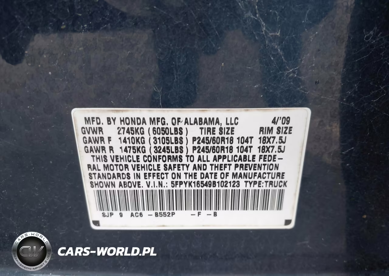 2009 Honda Ridgeline Rtl VIN:5FPYK16549B102123 - 9