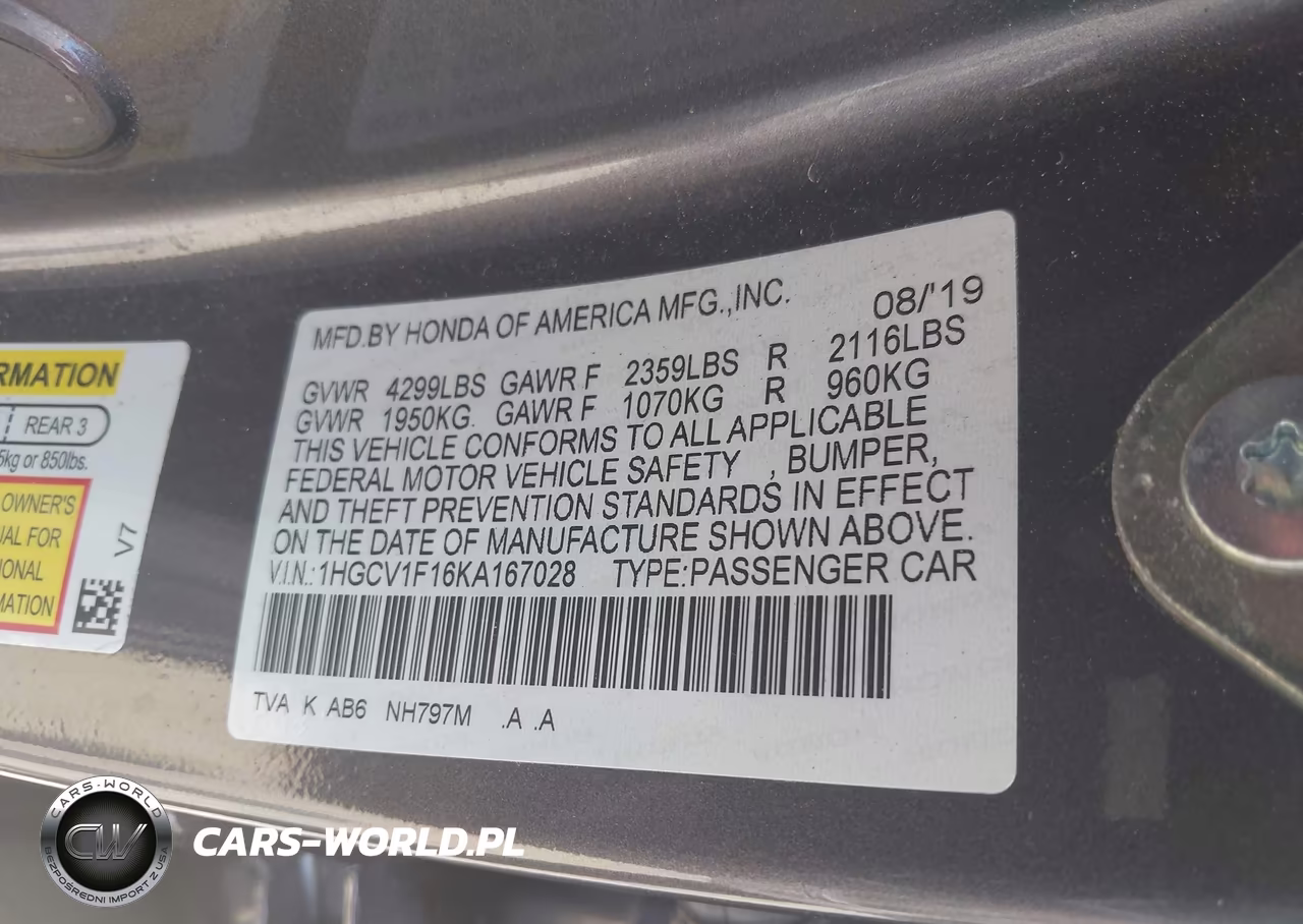 2019 Honda Accord Lx VIN:1HGCV1F16KA167028 - 9