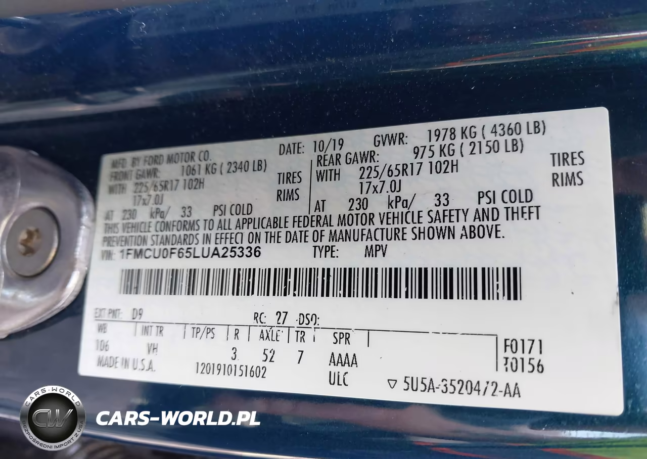 2020 Ford Escape S VIN:1FMCU0F65LUA25336 - 9