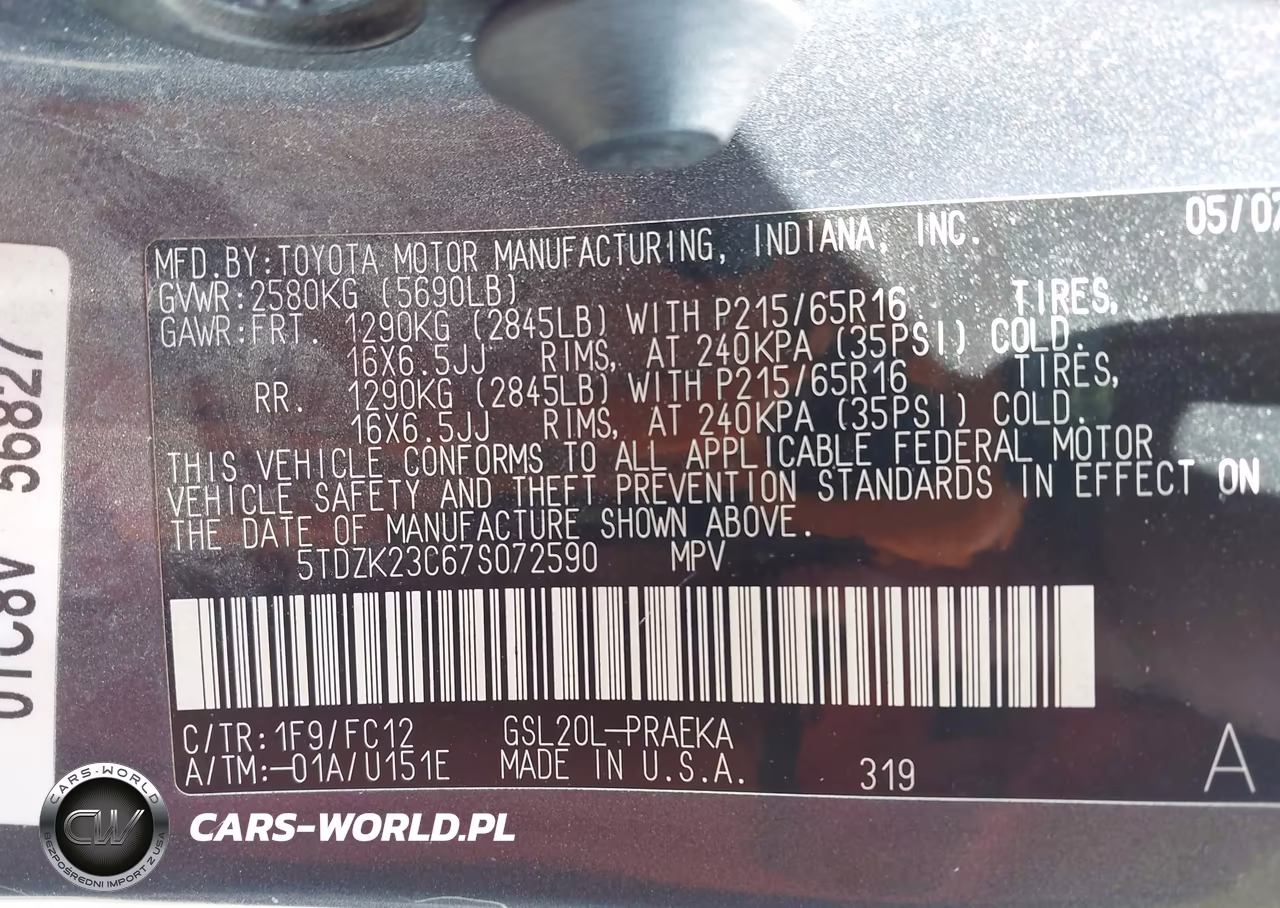 2007 Toyota Sienna Le VIN:5TDZK23C67S072590 - 9