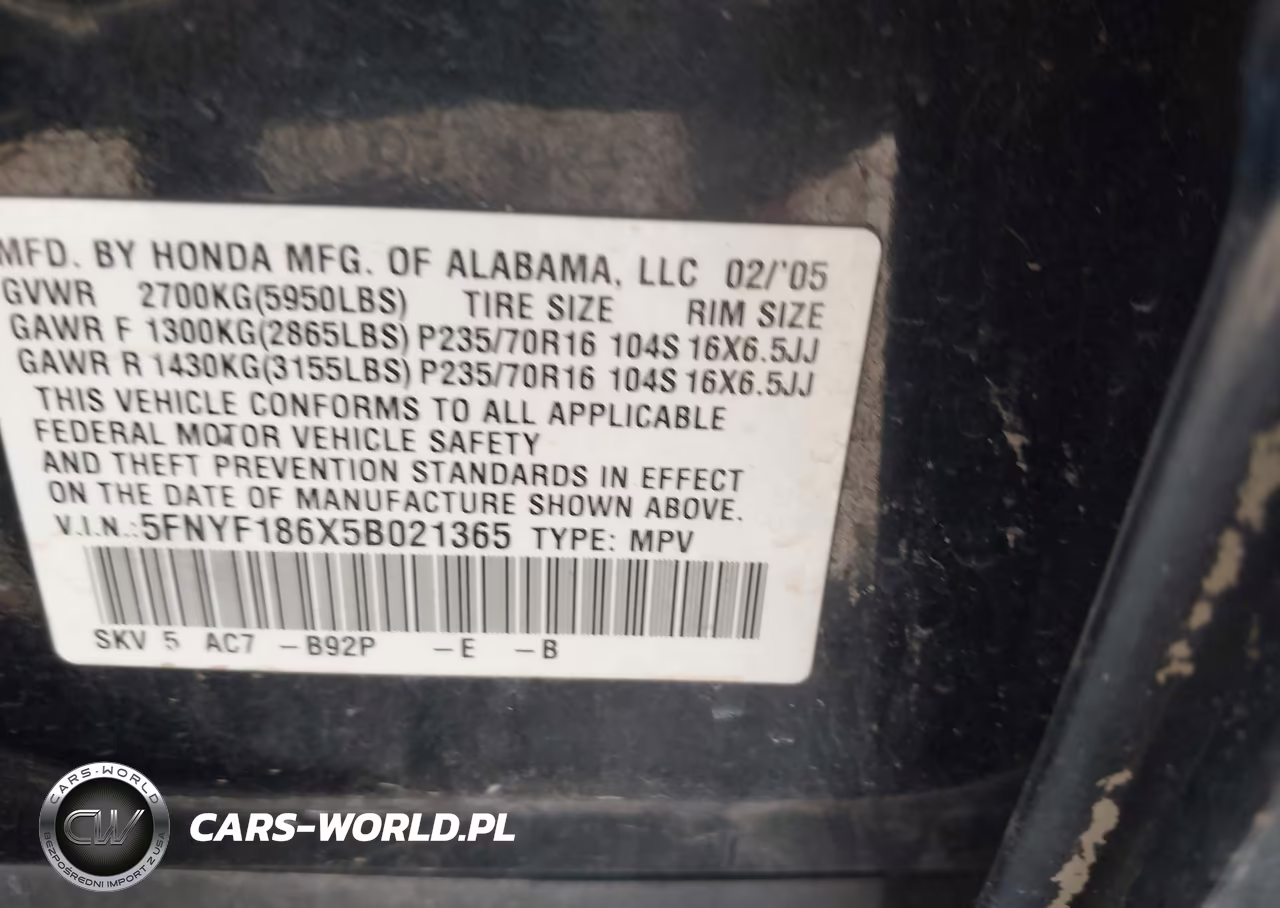 2005 Honda Pilot Ex-L VIN:5FNYF186X5B021365 - 9