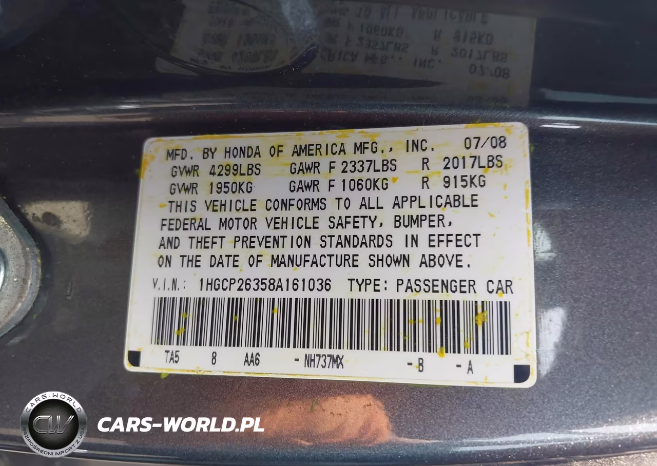 2008 Honda Accord 2.4 Lx VIN:1HGCP26358A161036 - 9