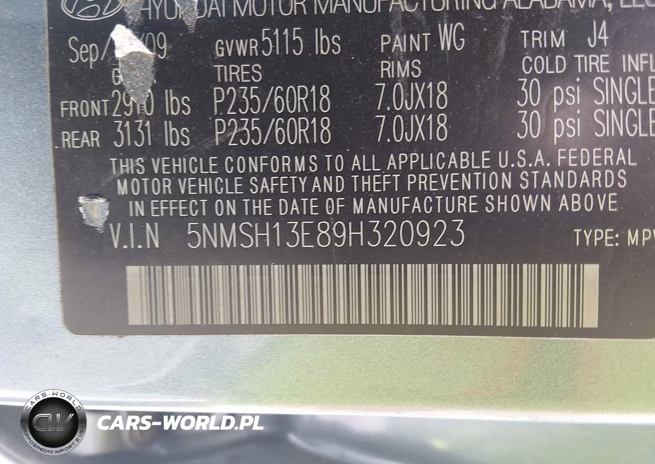 2009 Hyundai Santa Fe Se VIN:5NMSH13E89H320923 - 9
