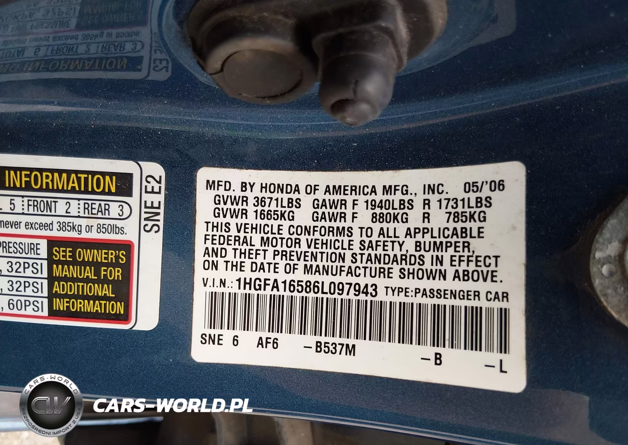 2006 Honda Civic Lx VIN:1HGFA16586L097943 - 9