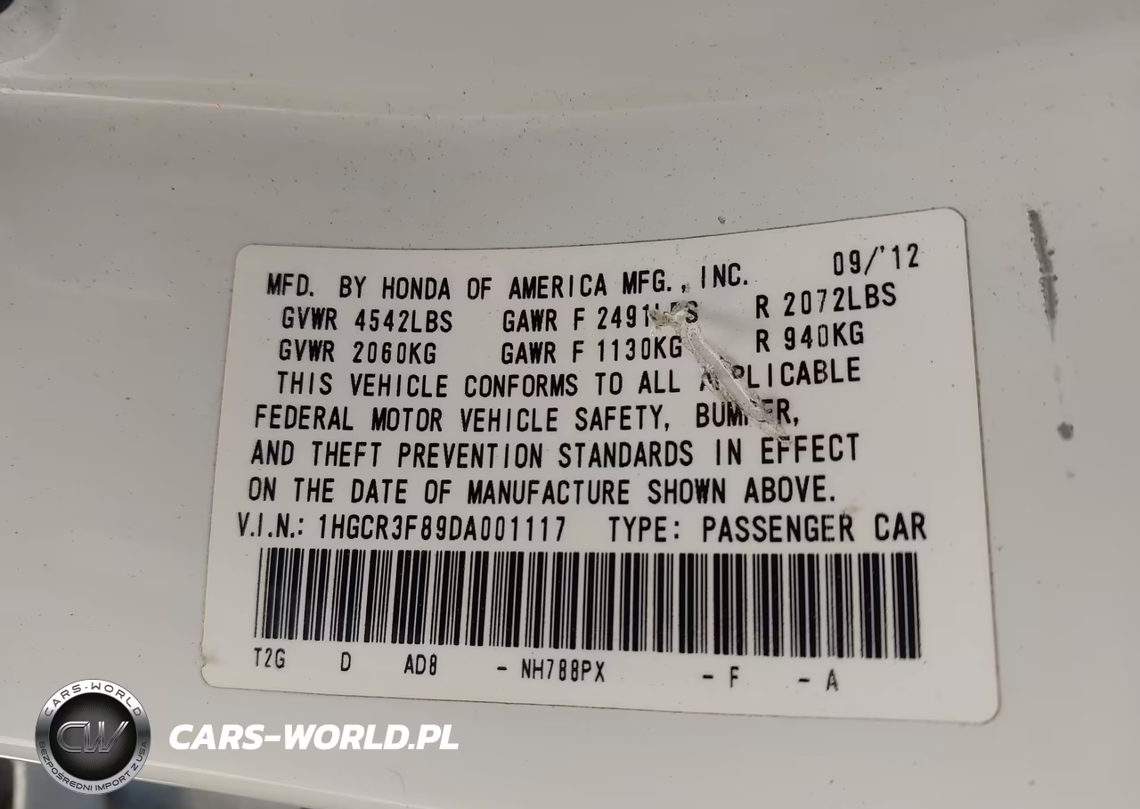2013 Honda Accord Ex-L V-6 VIN:1HGCR3F89DA001117 - 9