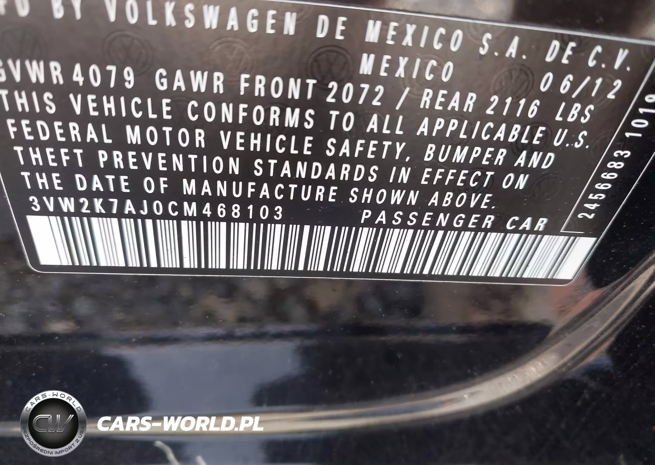 2012 Volkswagen Jetta 2.0L S VIN:3VW2K7AJ0CM468103 - 9
