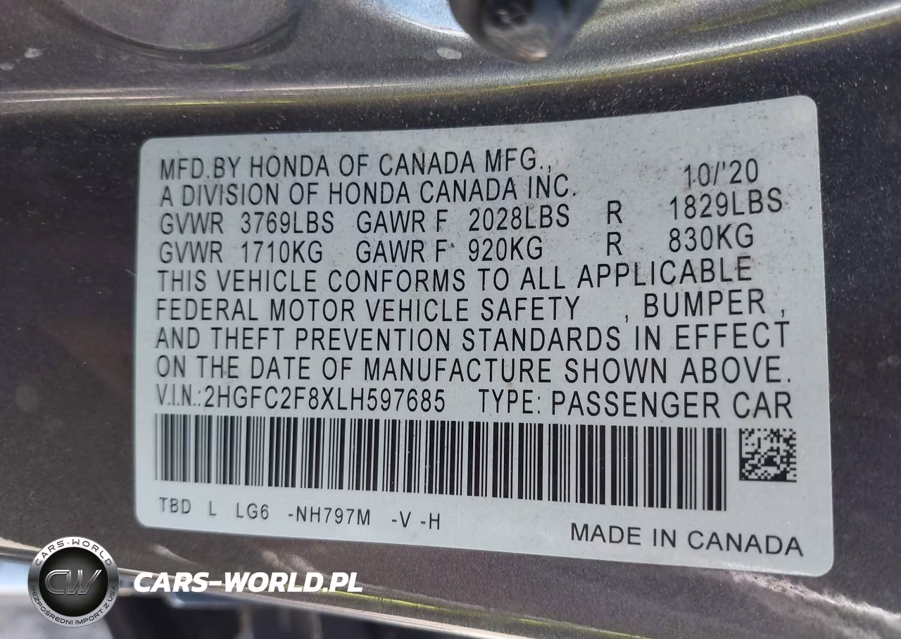 2020 Honda Civic Sport VIN:2HGFC2F8XLH597685 - 9