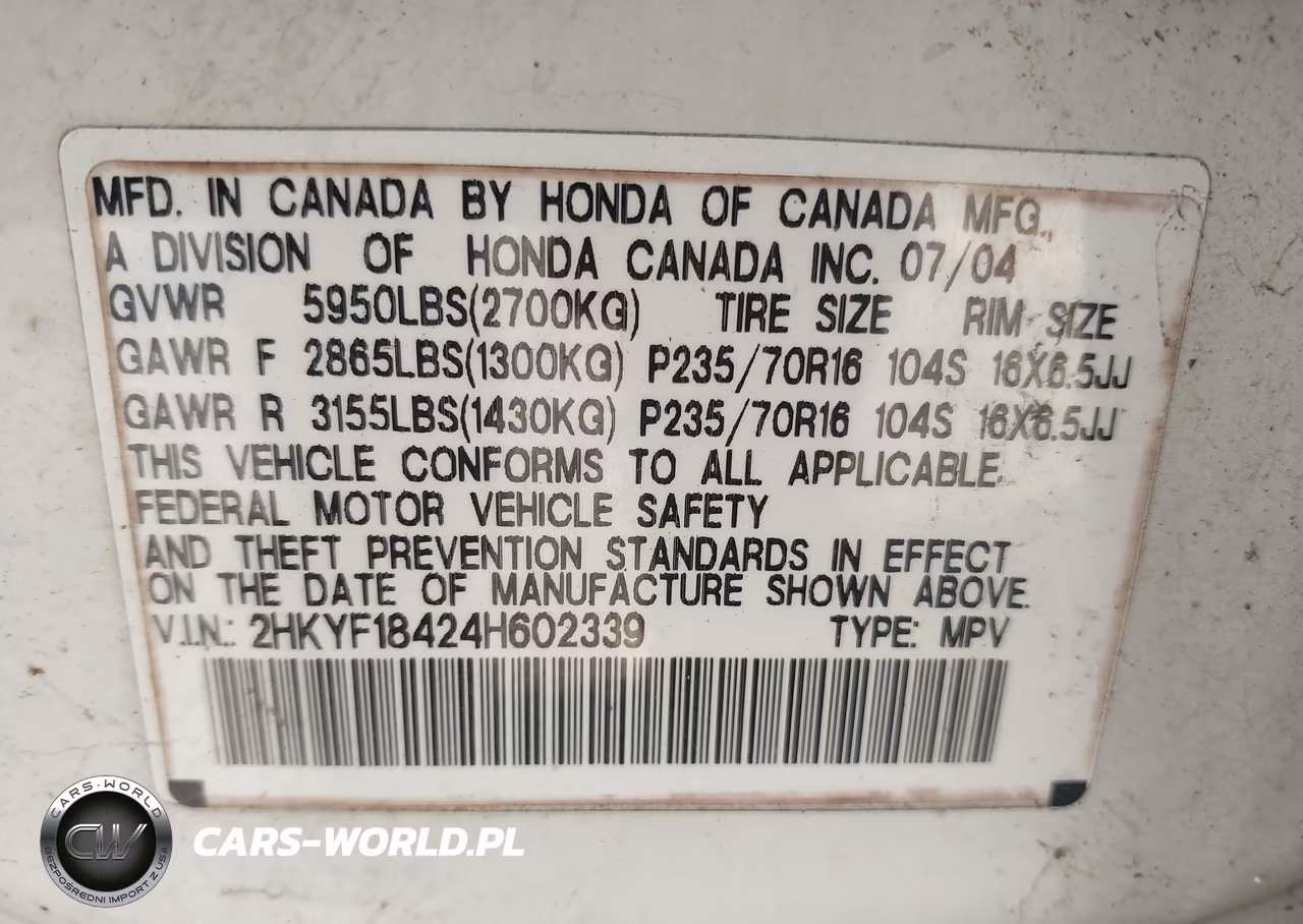 2004 Honda Pilot Ex VIN:2HKYF18424H602339 - 9