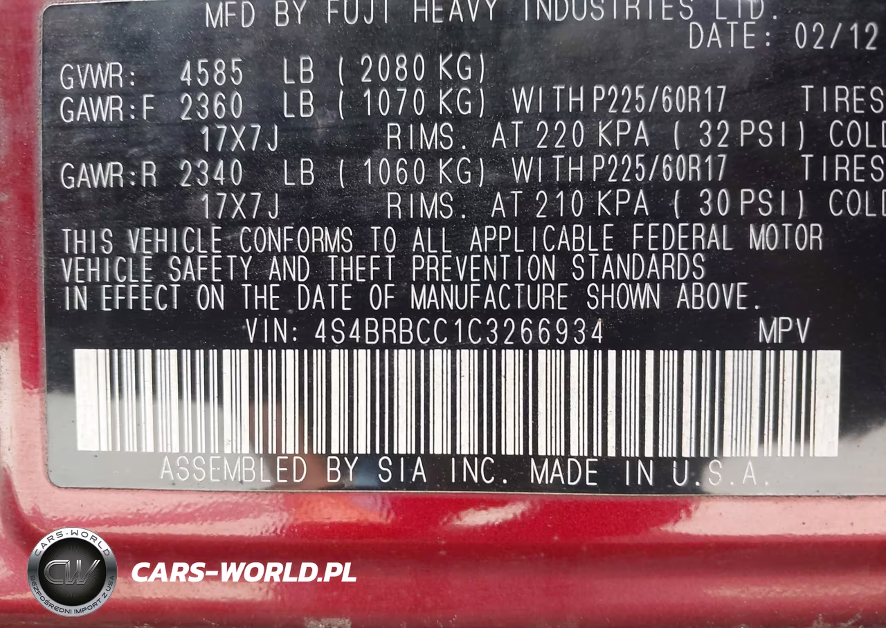 2012 Subaru Outback 2.5I Premium VIN:4S4BRBCC1C3266934 - 9