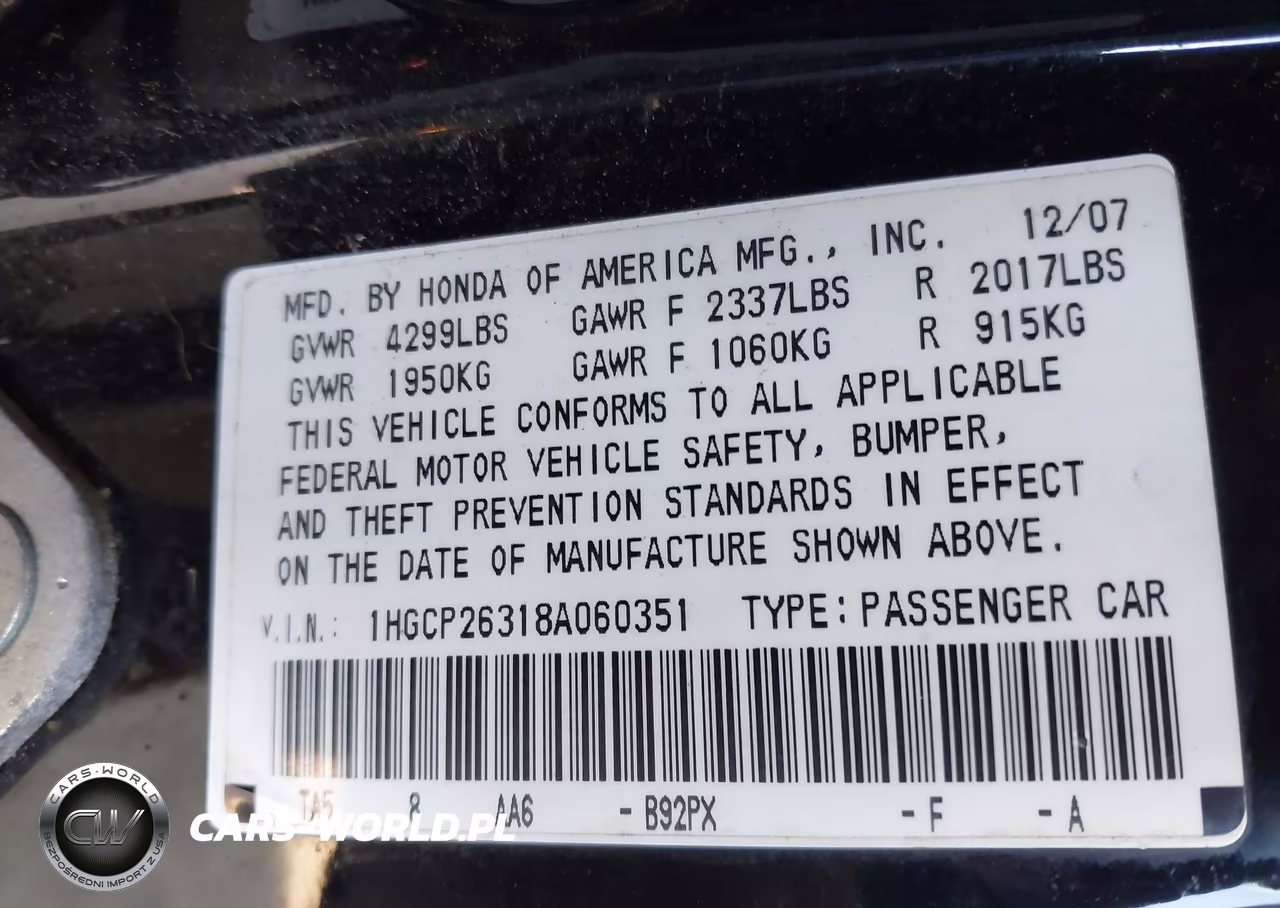 2008 Honda Accord 2.4 Lx VIN:1HGCP26318A060351 - 9
