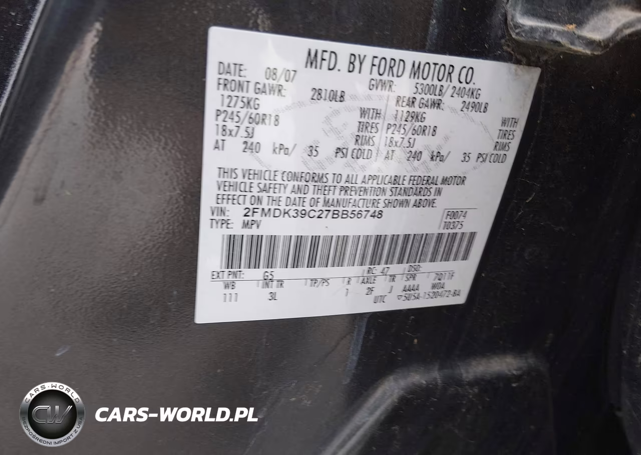 2007 Ford Edge Sel Plus VIN:2FMDK39C27BB56748 - 9