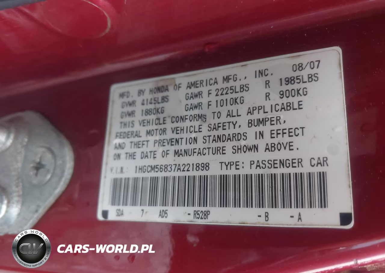 2007 Honda Accord 2.4 Ex VIN:1HGCM56837A221898 - 9