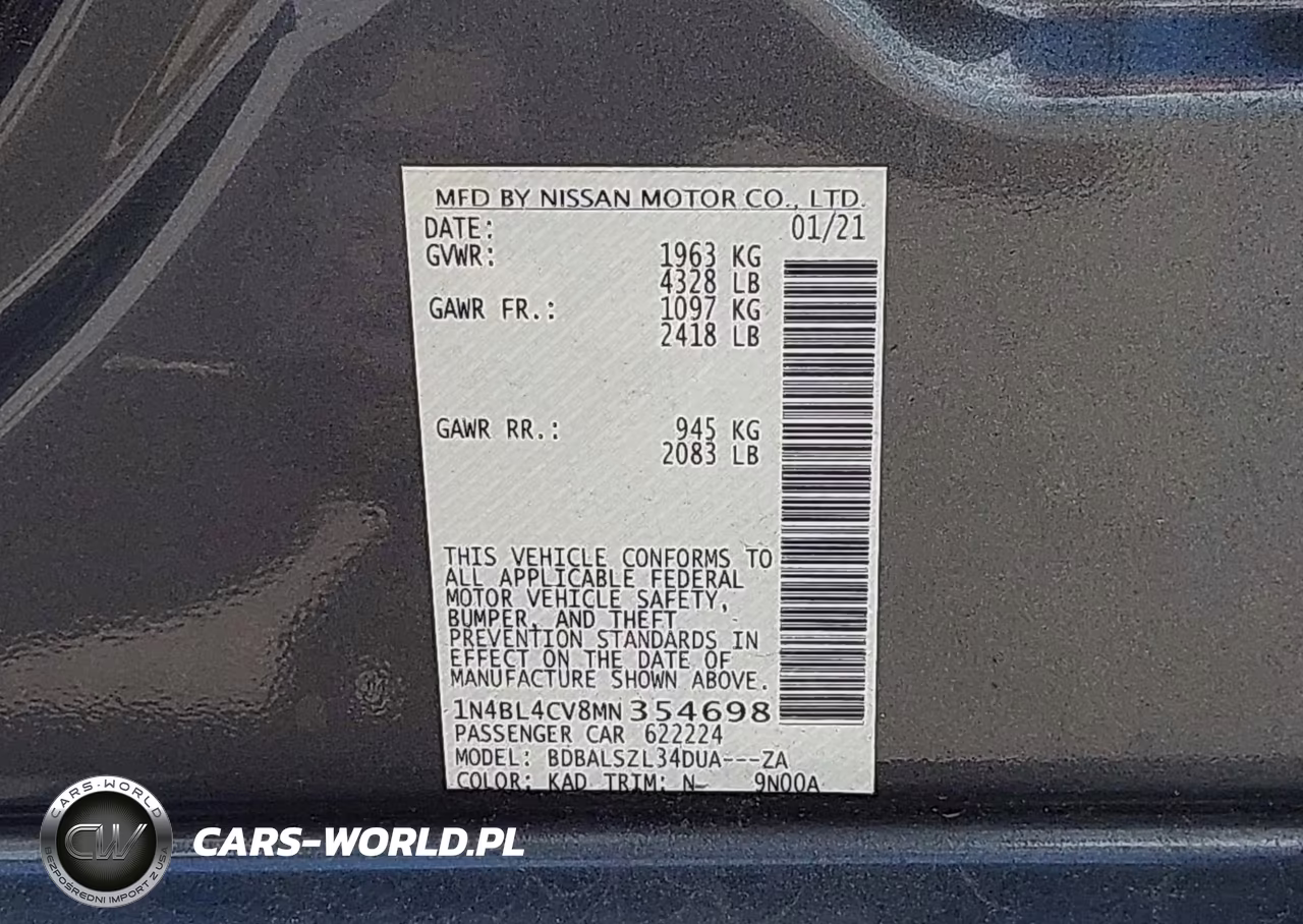 2021 Nissan Altima Sr Fwd VIN:1N4BL4CV8MN354698 - 9
