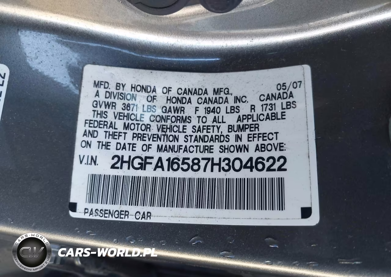 2007 Honda Civic Lx VIN:2HGFA16587H304622 - 9