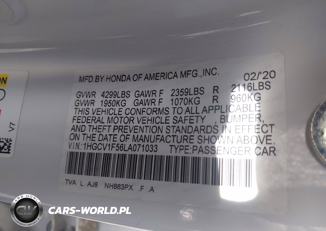 2020 Honda Accord Ex-L VIN:1HGCV1F56LA071033 - 9