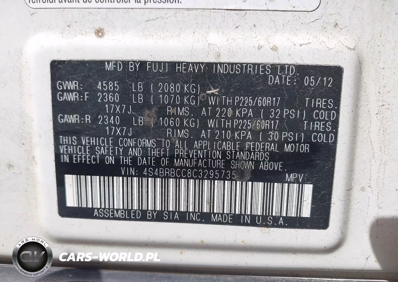 2012 Subaru Outback 2.5I Premium VIN:4S4BRBCC8C3295735 - 9