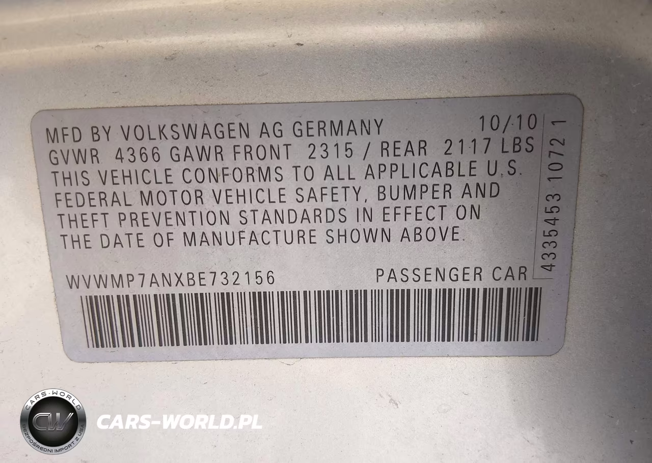 2011 Volkswagen Cc Sport VIN:WVWMP7ANXBE732156 - 9