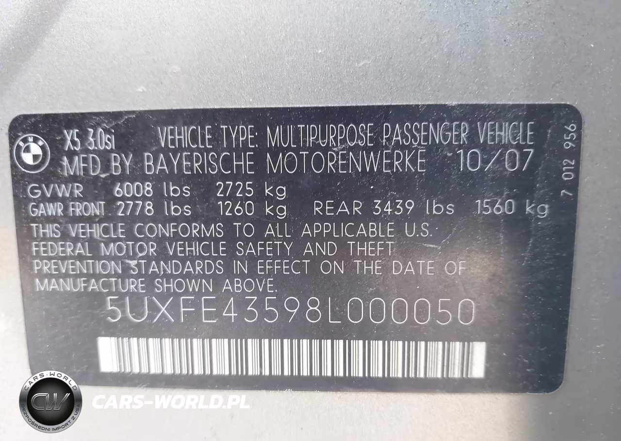 2008 BMW X5 3.0Si VIN:5UXFE43598L000050 - 9