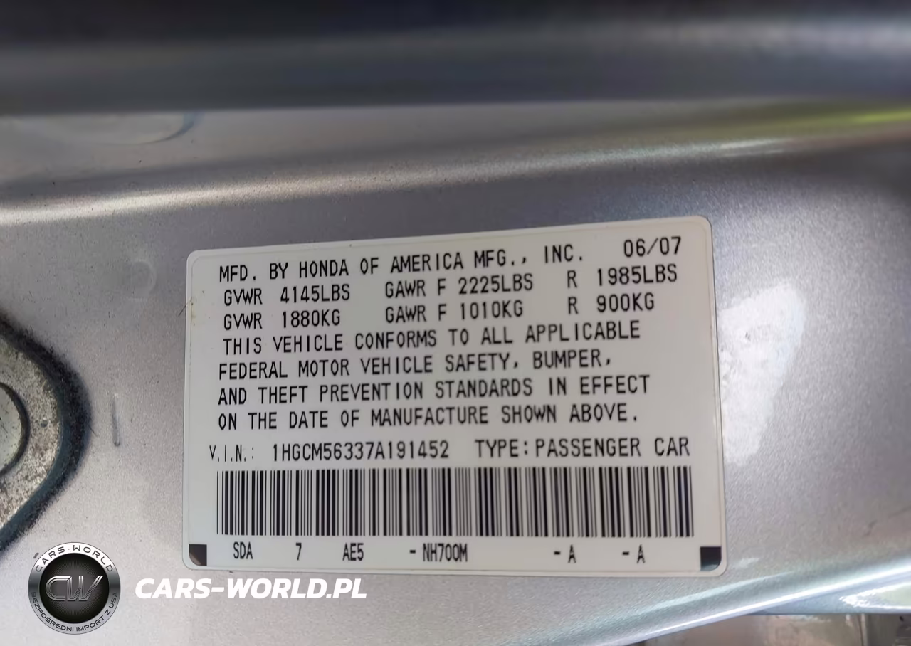 2007 Honda Accord 2.4 Se VIN:1HGCM56337A191452 - 9