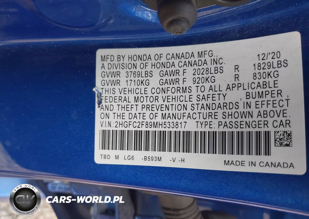 2021 Honda Civic Sport VIN:2HGFC2F89MH533817 - 9