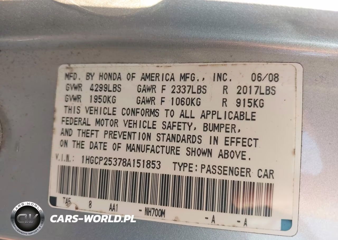 2008 Honda Accord 2.4 Lx VIN:1HGCP25378A151853 - 9