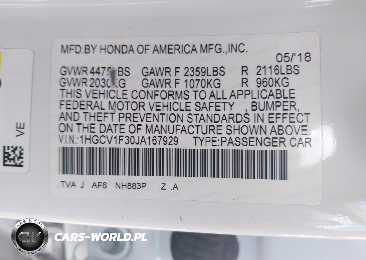 2018 Honda Accord Sport VIN:1HGCV1F30JA167929 - 9